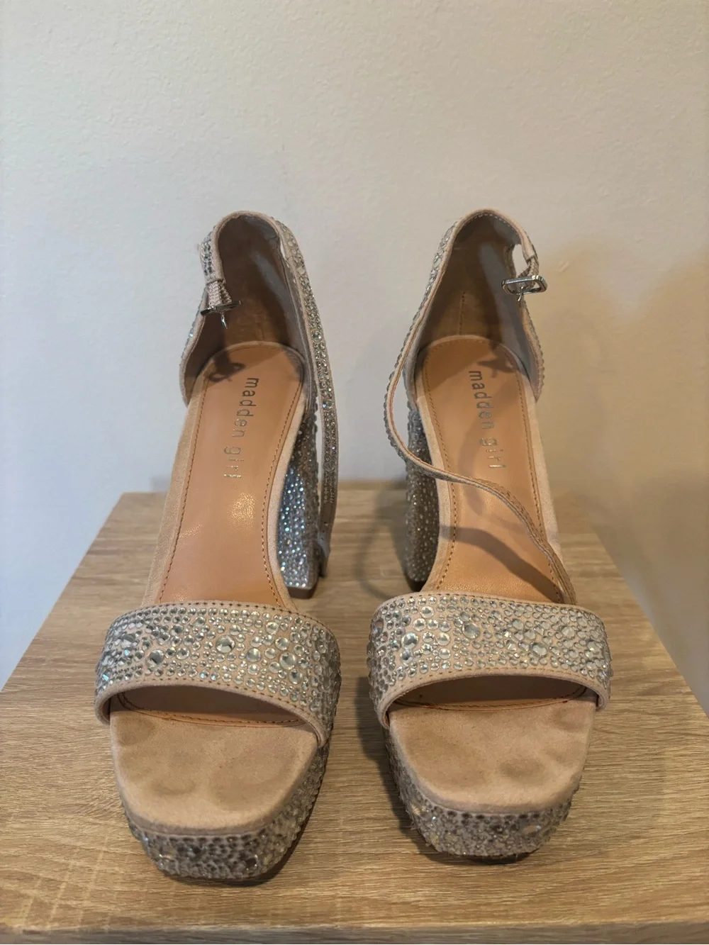 Madden Girl Nude Rhinestone Platform Block Heels